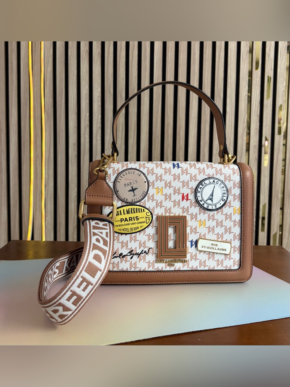 KARL LAGERFELD PARIS Women Simone House Monogram Patch Crossbody Bag / Brown